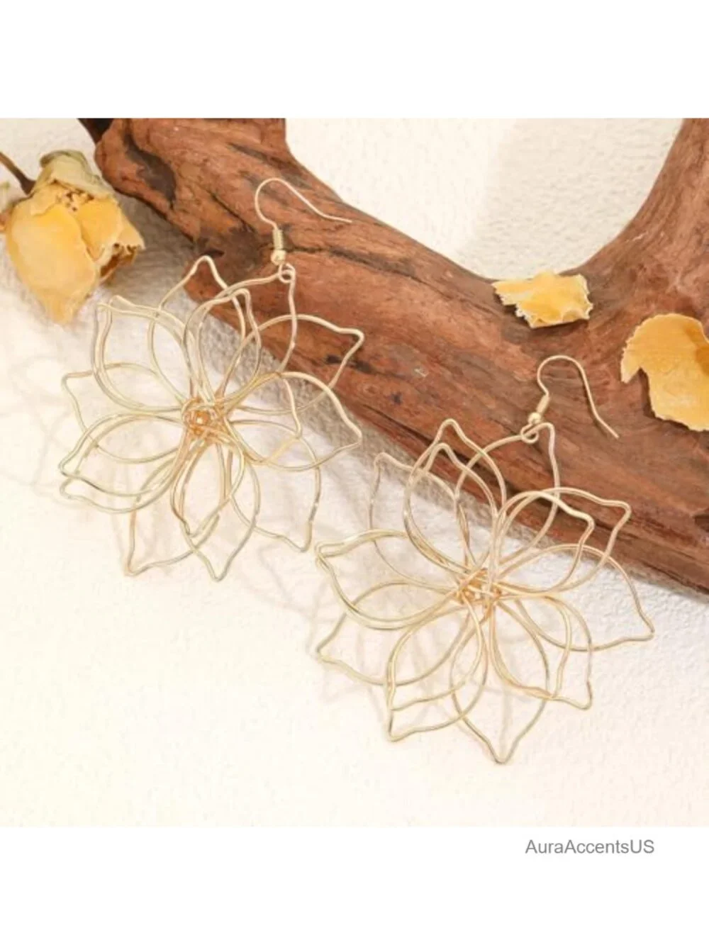 Boho Vintage Gold Flower Dangle Earrings Metal Hook Statement Jewelry
